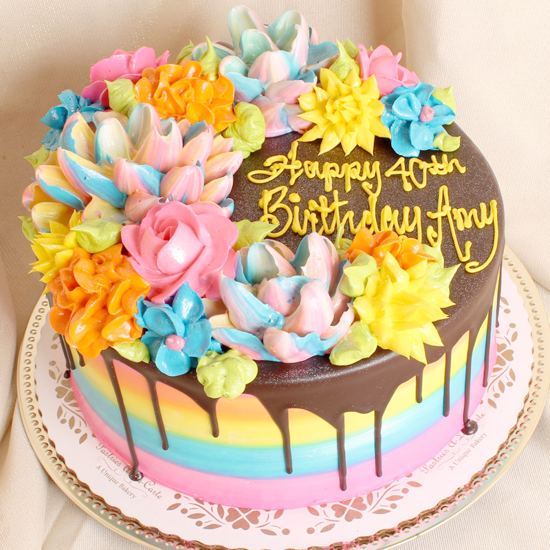 Rainbow Flower Cake With Chocolate Drip
