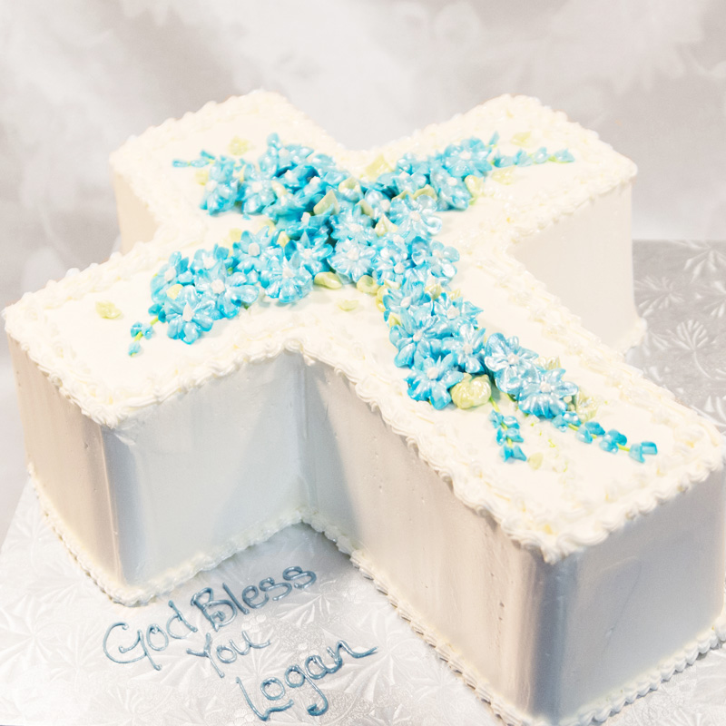 3D Shaped Cross Cake With Blue Flowers