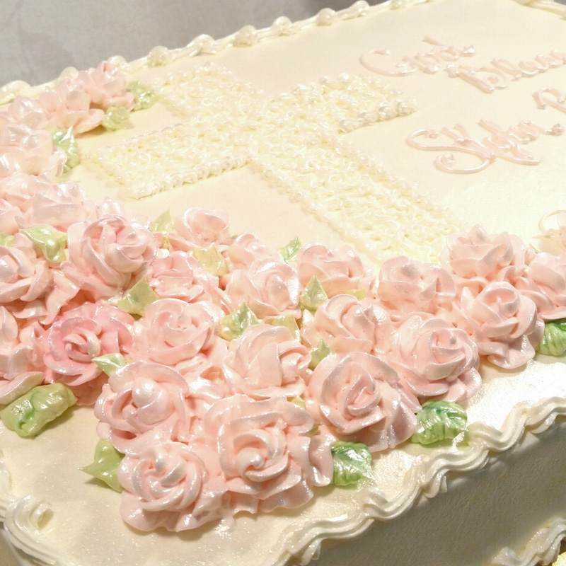 Pink Roses With Drawn Cross Cake