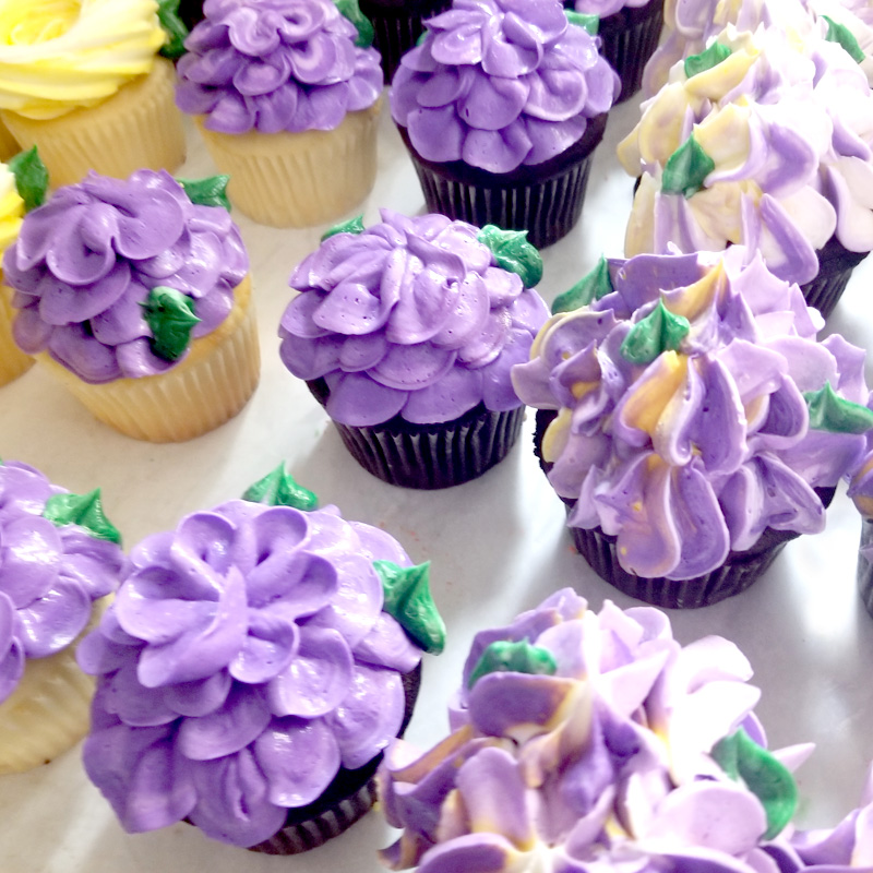 Purple Flowers and Hydrangeas Cupcakes