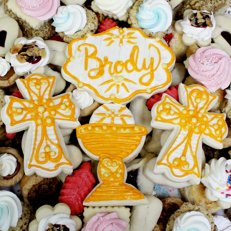 White and Gold Fancy Cross Chalice and Name Plaque Cookies